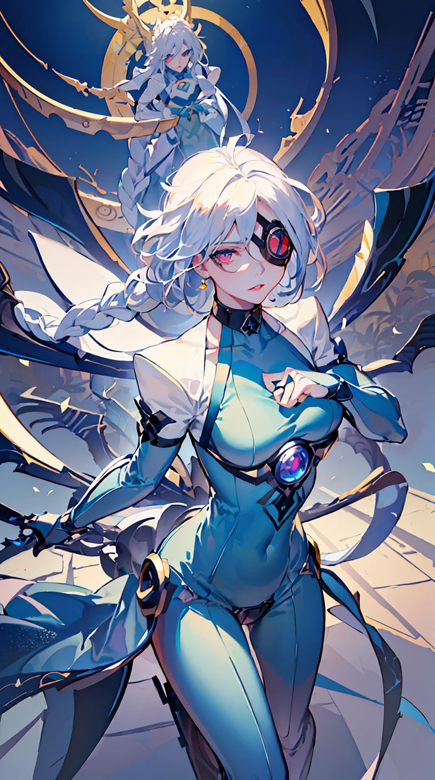 1girl, (detailed eyes, eye patch), (detailed lips), (intense expression), (exquisite face), (mechanical, futuristic armor), (summoning a giant sword), (in a dark temple), (majestic atmosphere), (masterpiece:1.2), (ultra-detailed), (realistic:1.37), (studio lighting), (vivid colors), (sharp focus), (mechanical aesthetic), (sci-fi), (dark tones), (mysterious lighting), (high contrast), (dramatic shadows), (metallic textures), (elegant pose), (intricate detailing), (mesmerizing composition), (dynamic perspective), (powerful stance), (futuristic design), (impressive craftsmanship), (baroque elements), (solemn ambiance), (grandiose setting), (mystical ambiance), (imposing atmosphere), (ethereal aura), (captivating presence)，(golden accents)