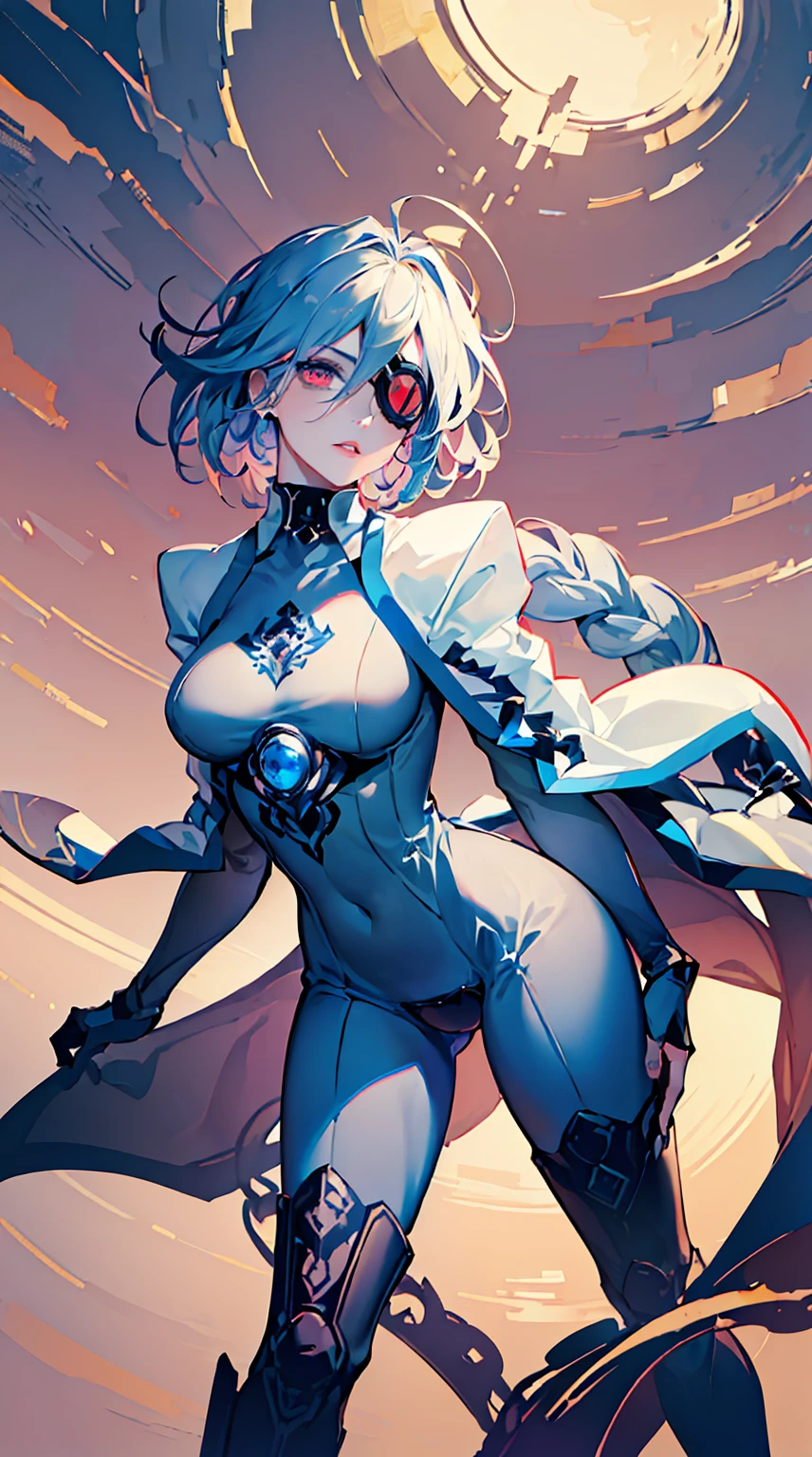 1girl, (detailed eyes, eye patch), (detailed lips), (intense expression), (exquisite face), (mechanical, futuristic armor), (summoning a giant sword), (in a dark temple), (majestic atmosphere), (masterpiece:1.2), (ultra-detailed), (realistic:1.37), (studio lighting), (vivid colors), (sharp focus), (mechanical aesthetic), (sci-fi), (dark tones), (mysterious lighting), (high contrast), (dramatic shadows), (metallic textures), (elegant pose), (intricate detailing), (mesmerizing composition), (dynamic perspective), (powerful stance), (futuristic design), (impressive craftsmanship), (baroque elements), (solemn ambiance), (grandiose setting), (mystical ambiance), (imposing atmosphere), (ethereal aura), (captivating presence)，(golden accents)