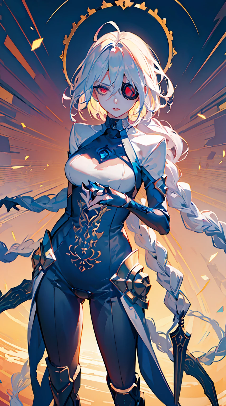 1girl, (detailed eyes, eye patch), (detailed lips), (intense expression), (exquisite face), (mechanical, futuristic armor), (summoning a giant sword), (in a dark temple), (majestic atmosphere), (masterpiece:1.2), (ultra-detailed), (realistic:1.37), (studio lighting), (vivid colors), (sharp focus), (mechanical aesthetic), (sci-fi), (dark tones), (mysterious lighting), (high contrast), (dramatic shadows), (metallic textures), (elegant pose), (intricate detailing), (mesmerizing composition), (dynamic perspective), (powerful stance), (futuristic design), (impressive craftsmanship), (baroque elements), (solemn ambiance), (grandiose setting), (mystical ambiance), (imposing atmosphere), (ethereal aura), (captivating presence)，(golden accents)