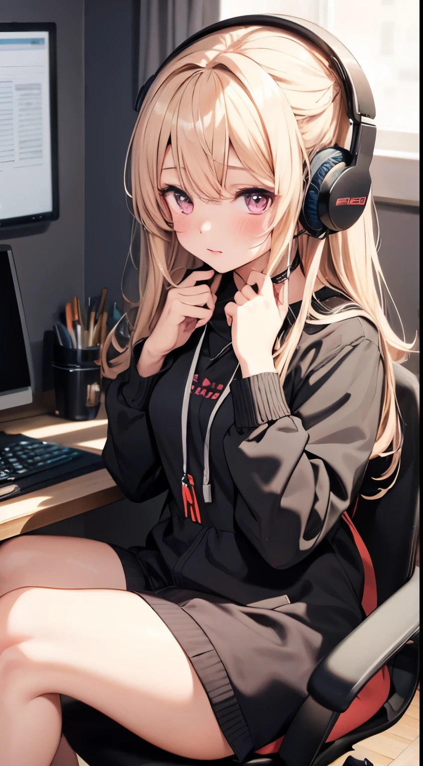{1girl}, {artist:rella}, {artist:ask(askzy)},close shot, {artist:ningen_mame},{artist:ciloranko}, {artist:rei(sanbonzakura)},white headphones, pink eyes, blonde hair,long hair,two up side,{pink wall},{{Live room}}, {{{{otaku}}}},{{cuoli, {{{{{vtuber}}}}}, best face details, best light and shadow effects,{sexy clotheest quality, amazing quality, very aesthetic, absurdres, masterpiece, best quality, amazing quality, very aesthetic, absurdres, masterpiece,{sittng front the computer},cat dolls,blush
