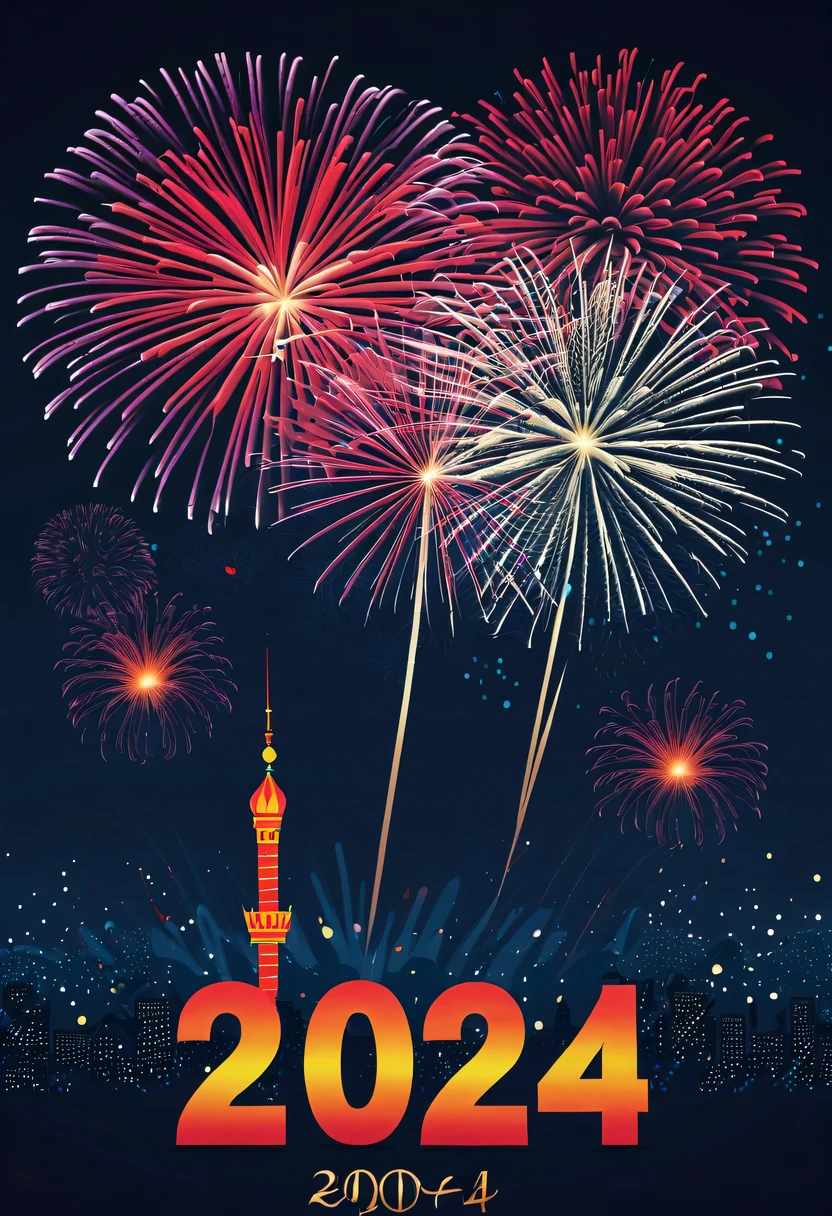 Holiday poster:(2024,new year poster),(new year'New Year's Eve 2024), (fire works:1.2), nigh sky,chinesedragon,maximalist