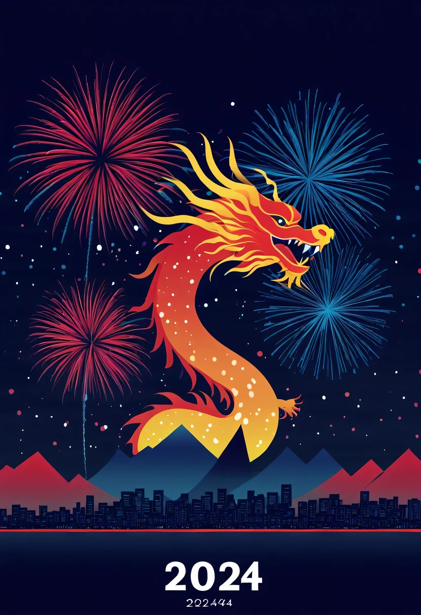 Holiday poster:(2024,new year poster),(new year'New Year's Eve 2024), (fire works:1.2), nigh sky,chinesedragon,maximalist