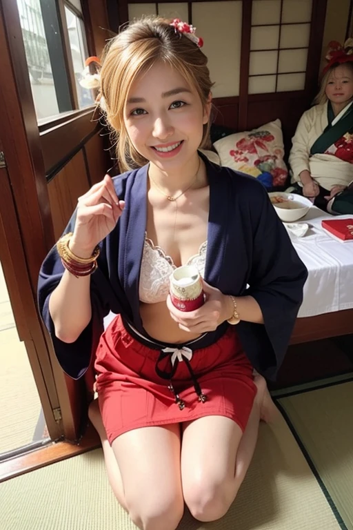 (Get on your knees and face backwards:1.5)、(hightquality、hight resolution、detaileds、masterpiece)、(There are beautiful mature women)、(Looking at the camera:1.2)、With smiling eyes、(Japanese style hairstyle with a beautiful hairpin)、(Bright blonde hair)、(being thin:1.2)、(Small:1.2)、(Japanese-style bra and thong with large decorations:1.2)、(Garter belt with collar, bangles, and Japanese-style decorations:1.2)、(holding a golden dragon in both hands)、The pose is so cute and nice、(I am visiting a shrine for New Year's visit in the middle of the day in a crowded place.:1.2)
