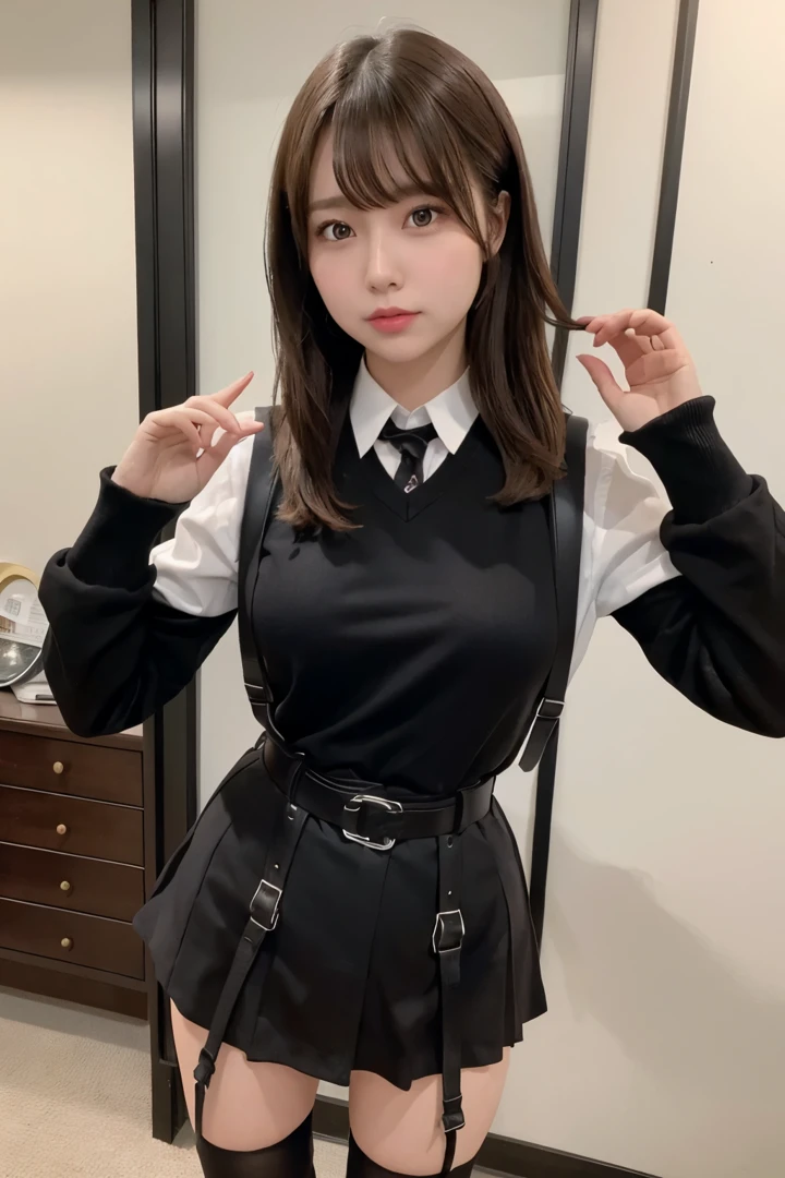 Brown hair、watching at viewers　　suspenders　　　big breasts　　 　 　　　　Black miniskirt　garterbelts　knee high socks　　　　　　Gaze　　　Small face　bangss 　　　　　Beautuful Women　　hands up　　 　Gaze 　Black boots 　　　Armpit sweat　soio 　　Fold your hands behind your back　Belt Shirt　teats