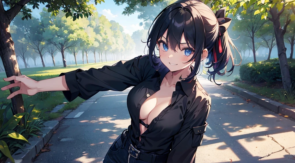 1girl, full body, solo, village, trees, colorful hair, curly hair, ponytail, large breasts, button down shirt, ninja, ((black shirt)), ((unbuttoned shirt)), ((short sleeved shirt)), blue eyes, black shorts, katana, grin, looking at the viewer, ((standing)), hair ribbon, bandage
