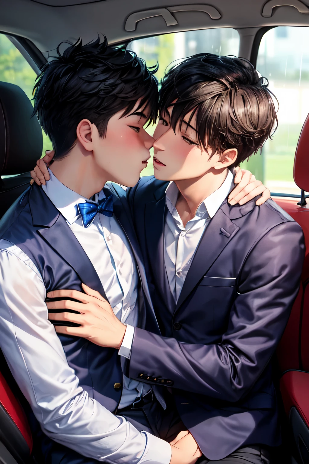 Best quality, 2 boys kissing each other inside car, Raining, Anime 
(One guy wearing suit another guy causal dress)
