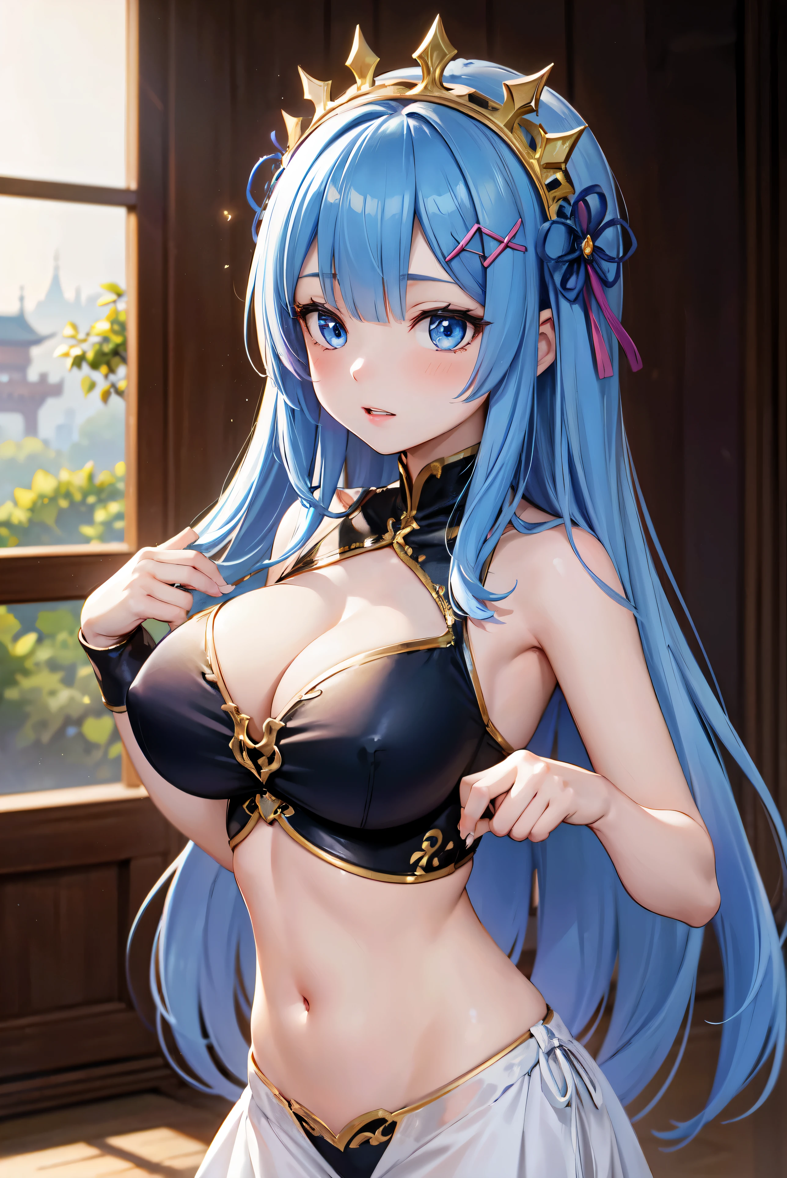 Masterpiece, high quality, 4K, beautiful design, shiny, from the front, award winning photo, extremely detailed, amazing, fine detail, absurdres, highly detailed woman, extremely detailed eyes and face, solo, 1girl, glossy, big boobs, wifs, sparkling fabric, incrusted with jewels, visible midriff , woman wearing a wifs, posing inside a castle with an oriental architecture, golden embroidery, Rem from rezero