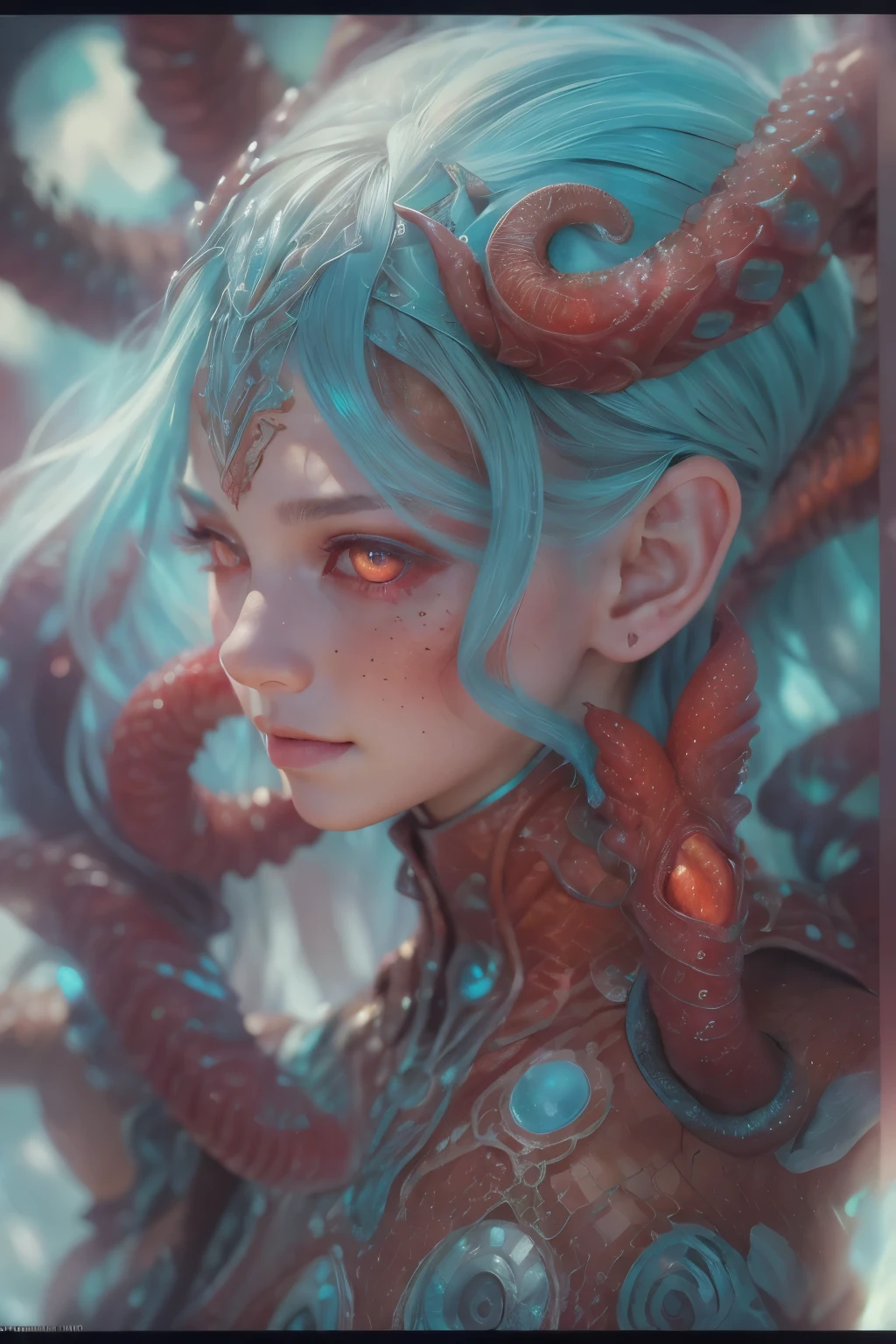 Portrait, (1 beautiful female alien:1.2),  ((There is a female genital-like organ in the middle of the forehead:1.9)), (The most beautiful face in the history of the universe:1.2), (Scarlet eyes that shine mysteriously:1.6), (Translucent skin:1.8), an evil gaze that seduces, (red eyes:1.5), (large mouth:1.1), sharp teeth like a shark, Full body like, (bio luminescent:1.2), (Smile wickedly:1.3),  (sexypose:1.5), alien, No humans, cells are fused, (Lots of translucent tentacles:1.1) (Translucent skin:1.3), extraterrestrial, cell, bio image, Best Quality, 8K,4K_quality, High Definition, Dramatic Lighting, masutepiece:1.5,cinematic quality, detail up, (Intricate details:1.2), High resolution, High Definition, drawing faithfully, (Thick eyebrows:1.2), Beautiful eyes with fine symmetry, (Ultra detailed eyes:1.2),(Highly detailed face and eyes:1.2), (High-resolution red-eye:1.4), Intimate face, (Super detailed skin quality feeling:1.4), Perfect Anatomy,  (Beautiful toned body:1.5),  (Moist skin:1.2), No makeup, (dark circles:1.1), long canines, cinematic drawing of characters, ultra high quality model, cinematic quality, detail up, (Intricate details:1.2), High resolution, High Definition, drawing faithfully, Official art, Unity 8K wall  , 8K Portrait, Best Quality, Very High resolution, ultra detailed artistic photography, midnight aura,  unreal enginee 5, Ultra Sharp Focus, art by alberto seveso, ArtGerm, Roisch, intricate artwork, best quality, masutepiece, ultra High resolution, (photos realistic:1.4), Ultra-realistic realism, dream-like,  nautilus, Creation of fantasy, Snail, Dream Snail,  (biopunk nautilus:1.3), Thrilling color schemes， Ultra-realistic realism， seductively smiling, Blue tentacles, Creatures that mimic humans