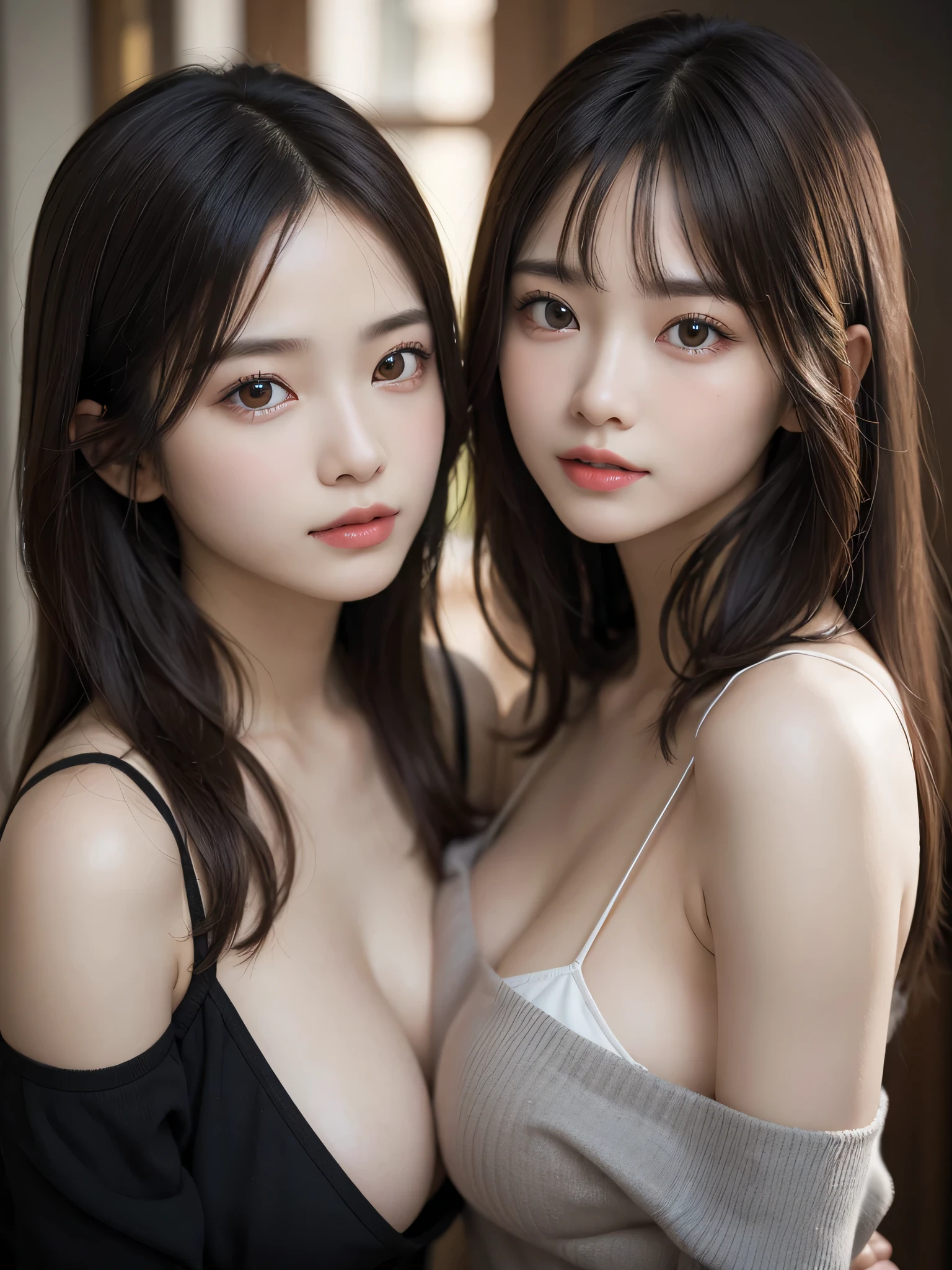 (2girls:1.3), (Ultra Realistic, hight resolution), (Highly detailed eyes, Highly detailed hair, Highly detailed face, Highly detailed plump lips), (off shoulder with open ???????), ???????, Upper body, Search Smile, (Best Quality:1.4), Raw photo, (Realistic, photo-Realistic:1.37), Professional Photography, Cinematic Light, (Fine face: 1.2), (View from above),