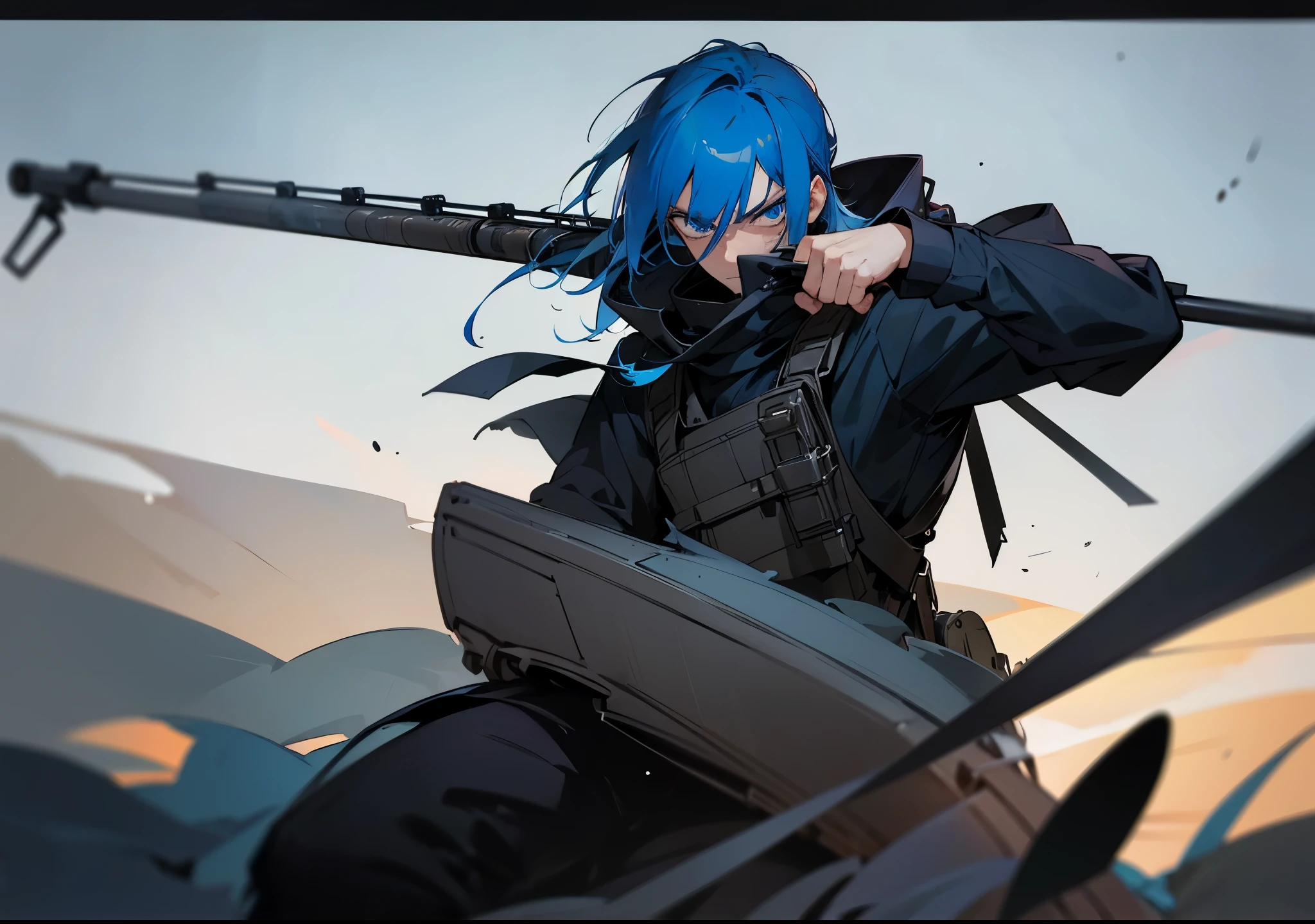1male people, ハンサムなmanly face, slightly tied back hair, Blue hair, older brother, Serious face、wield a sniper rifle、fumo、wasteland、perfect hand、Clothes in black tones、high-level image quality、in isekai、Looking through the scope and trying to shoot、in battle、in fighting、manly face