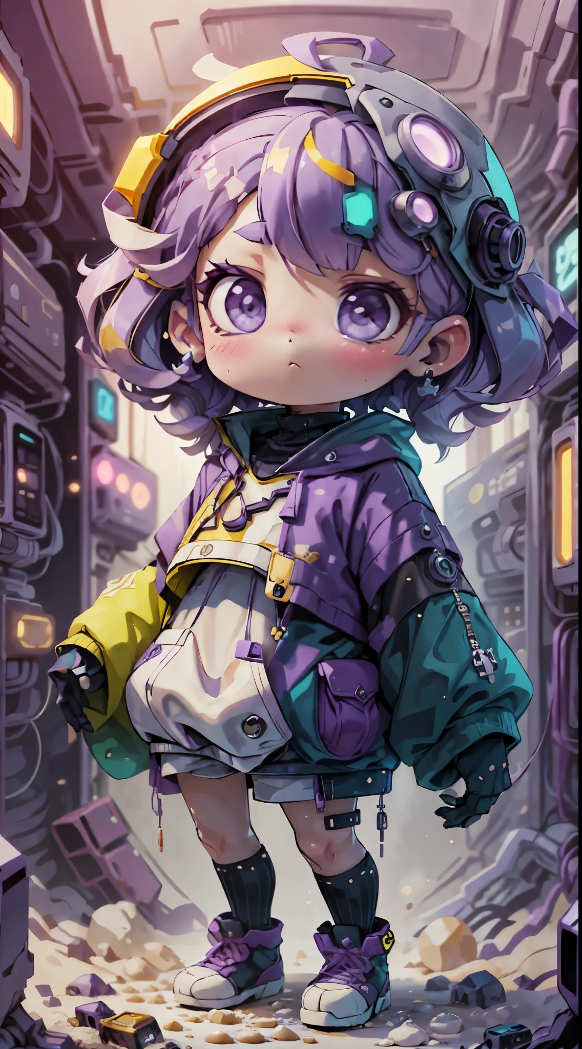 plastican00d, 1 boy, Chibi T-Shi,Purple colored hair, luxurious fabrics,cyber punk perssonage, dither, Creamy texture,Profound, looking at viewert, Striped background