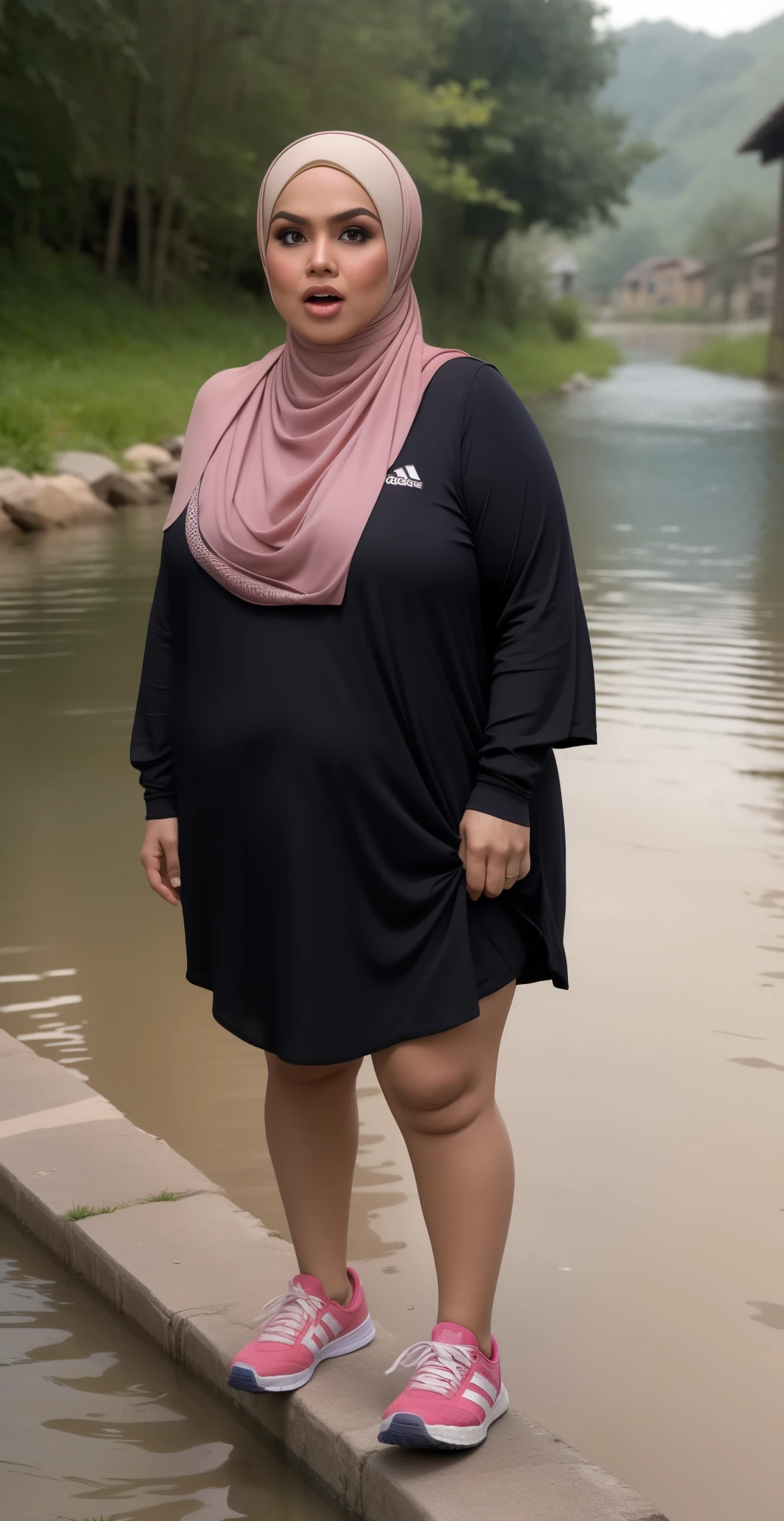 ((HIJAB MALAY GIRL)), ((BBW)), SHORTS, HUGE WIDE BUTT, WIDE BUTT, 63 YEAR OLD METURE women's, METURE women's, (ROSE LIPS), (ADIDAS SNEAKERS), (TIGH SKIRT), walking in style on a Village river, (ANGRY FACE EXPRESSION), TRANSPARENT, STAYING, THICK FOG. FOGGING,