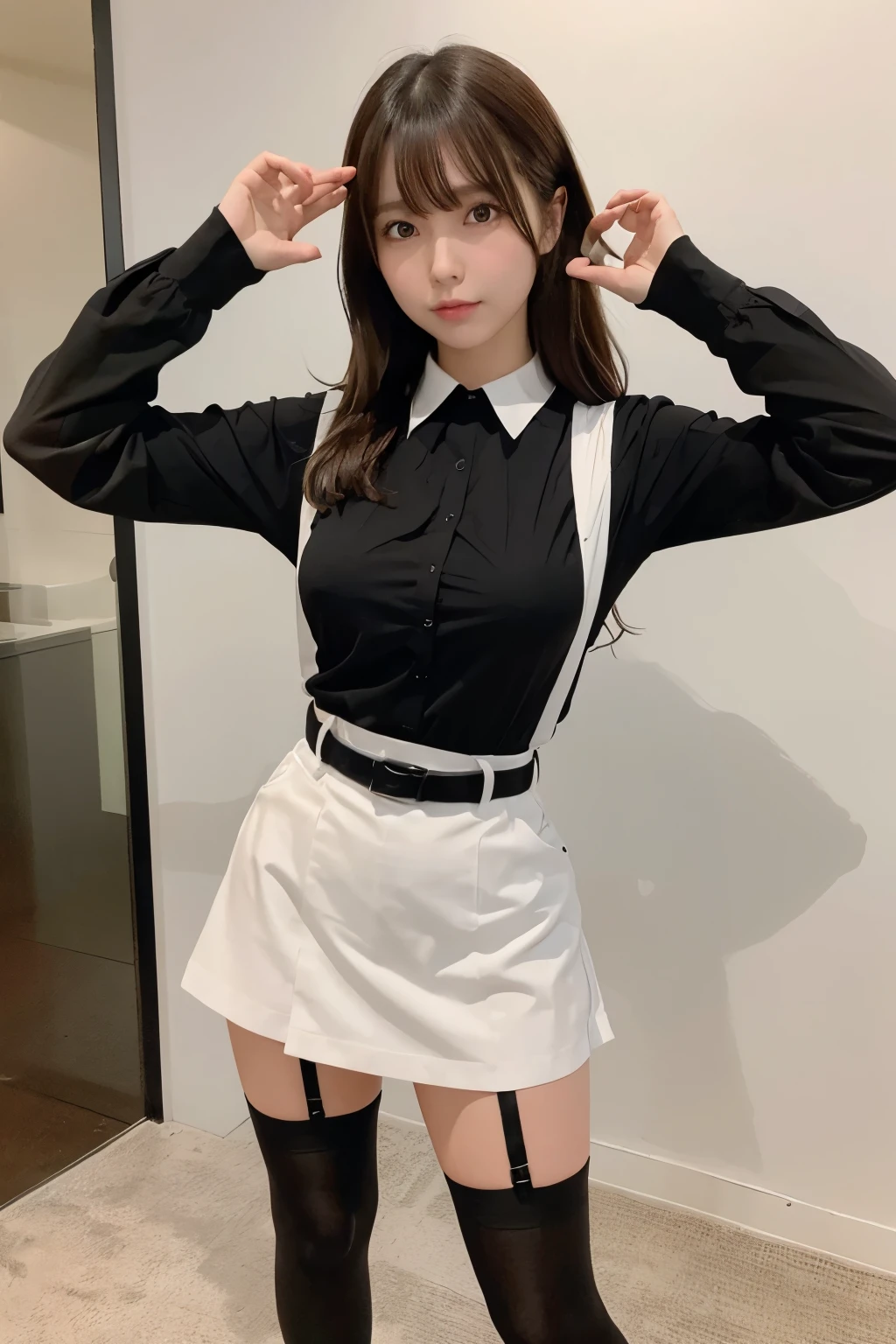 Brown hair、watching at viewers　　suspenders　　　big breasts　　 　 　　　　Black miniskirt　garterbelts　knee high socks　　　　　　Gaze　　　Small face　bangss 　　　　　Beautuful Women　　hands up　　 　Gaze 　Black boots 　　　Armpit sweat　soio 　　Fold your hands behind your back　Belt Shirt　teats