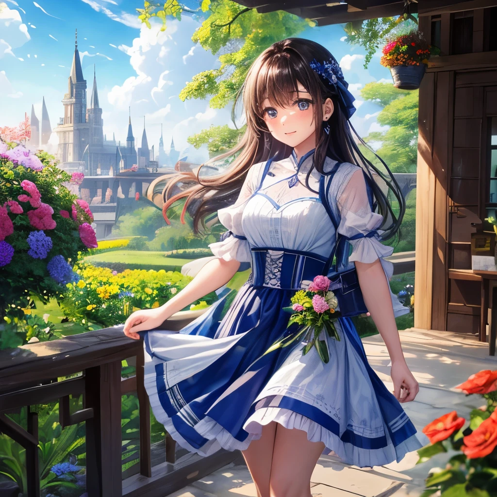 Sky garden、Castles、Beautiful flowers々、Two high school girls looking at flowers、Beautiful sight、Fantastic world