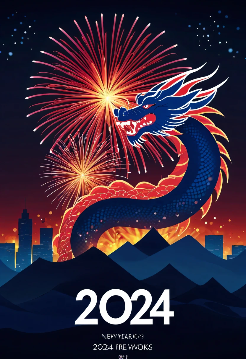 Holiday poster:(2024,new year poster),(new year'New Year's Eve 2024), (fire works:1.2), nigh sky,chinesedragon,maximalist