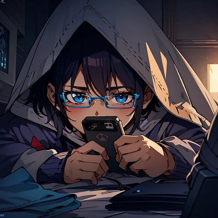 anime boy with blue eyes and black glasses lying in bed and hoodie looking at his phone, artwork in the style of guweiz, anime wallaper, anime picture, 4k anime wallpaper, 4 k manga wallpaper, anime art wallpaper 8 k, anime wallpaper 4k, anime wallpaper 4 k, anime art wallpaper 4 k, anime art wallpaper 4k, hd anime wallaper, digital anime illustration