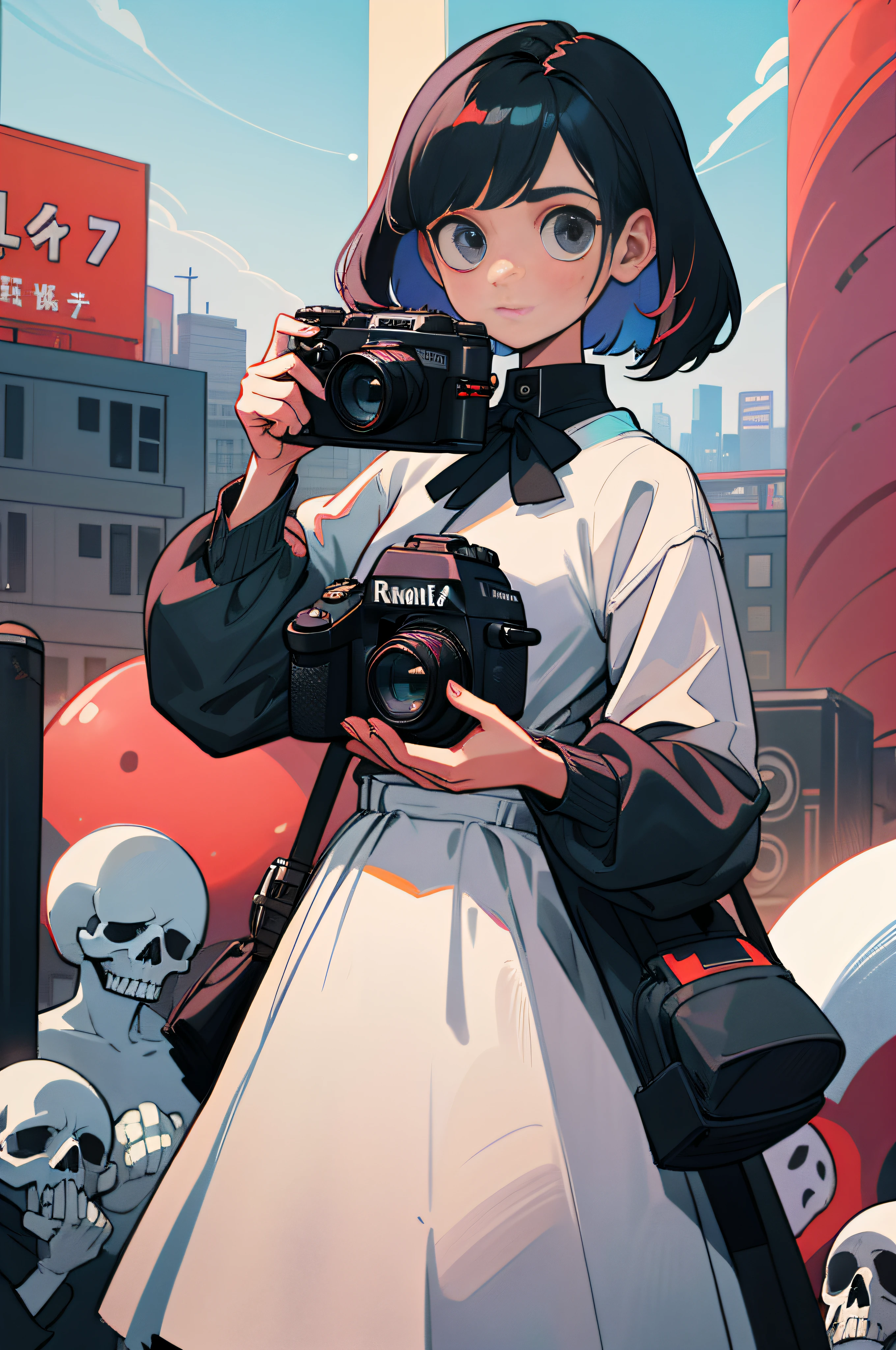 camera、SLR、video camera、Lots of casually dressed women、hairstyle is short bob、The color is black、Location is a city、deadpan