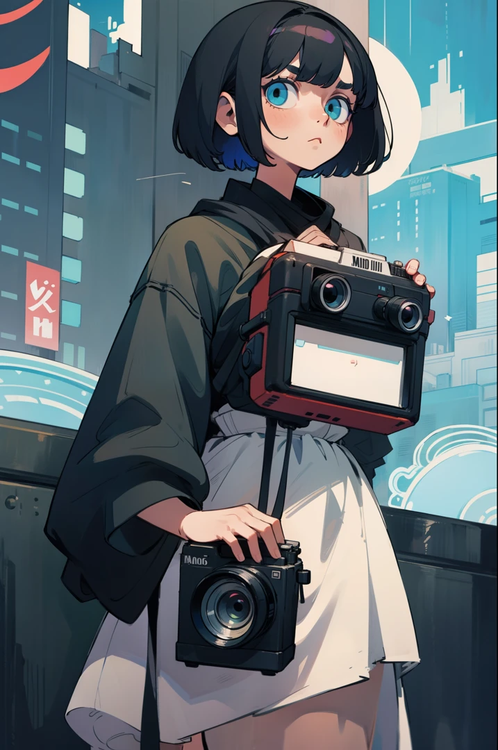 Woman in casual clothes hanging camera around neck、Hairstyle is short bob、Color is black、Location is a city、deadpan