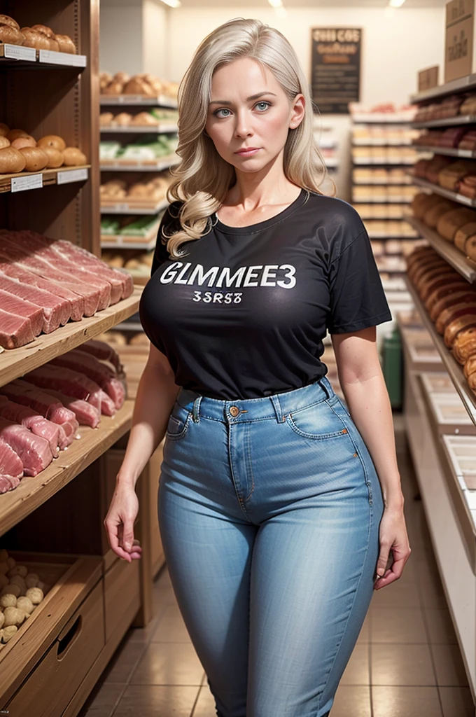 (best quality:1.3), (8K, RAW photo), (realistic, photo-realistic:1.3), high-resolution, ultra-detailed, highly detailed, extremely intricate, film grain, sharp focus, (photo of a 35 year old mature German female, female meat shop employee standing at shop:1.5), detailed face, detailed eyes, (wearing T shirt and denim pants as shop uniform:1.5), huge breasts:1.4, (highly detailed skin texture, with age-appropriate wrinkles:1.3), (full body), standing, looking at viewer, (cowboy shot), perfectly-centered, electric lighting, frontlight, meat shop background, commercial posters, refrigerated showcases, (a 35 year old mature German female)