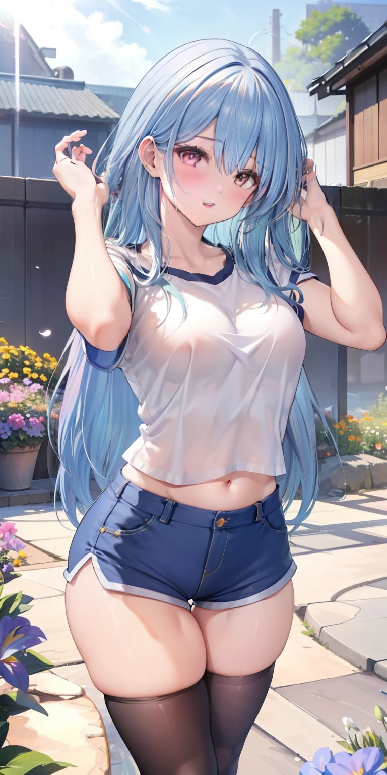 masterpiece, best quality, realistic, adult girl, smile, Aqua Konosuba, long brown hair, brown eyes, bright eyes, short shirt, perfect belly, ripped short shorts, tight tights, perfect legs, parted lips, blush, night, flowers, sun, sunlight.