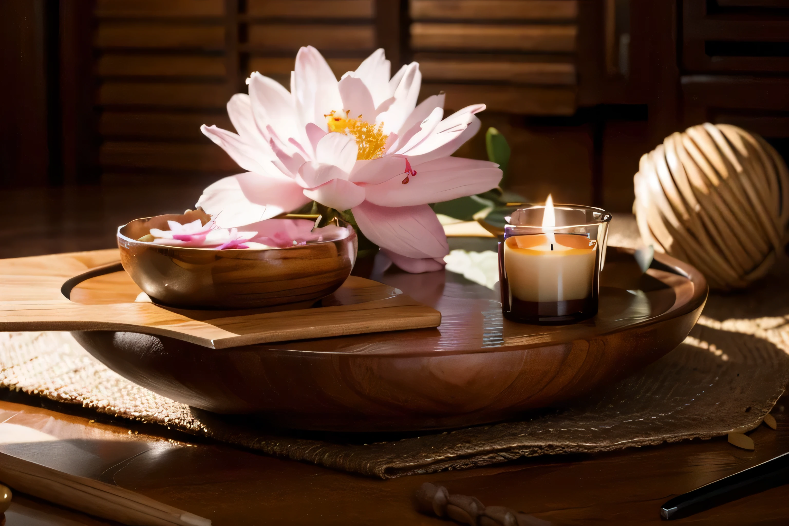 There is water in the bowl,There are a few petals on the water
