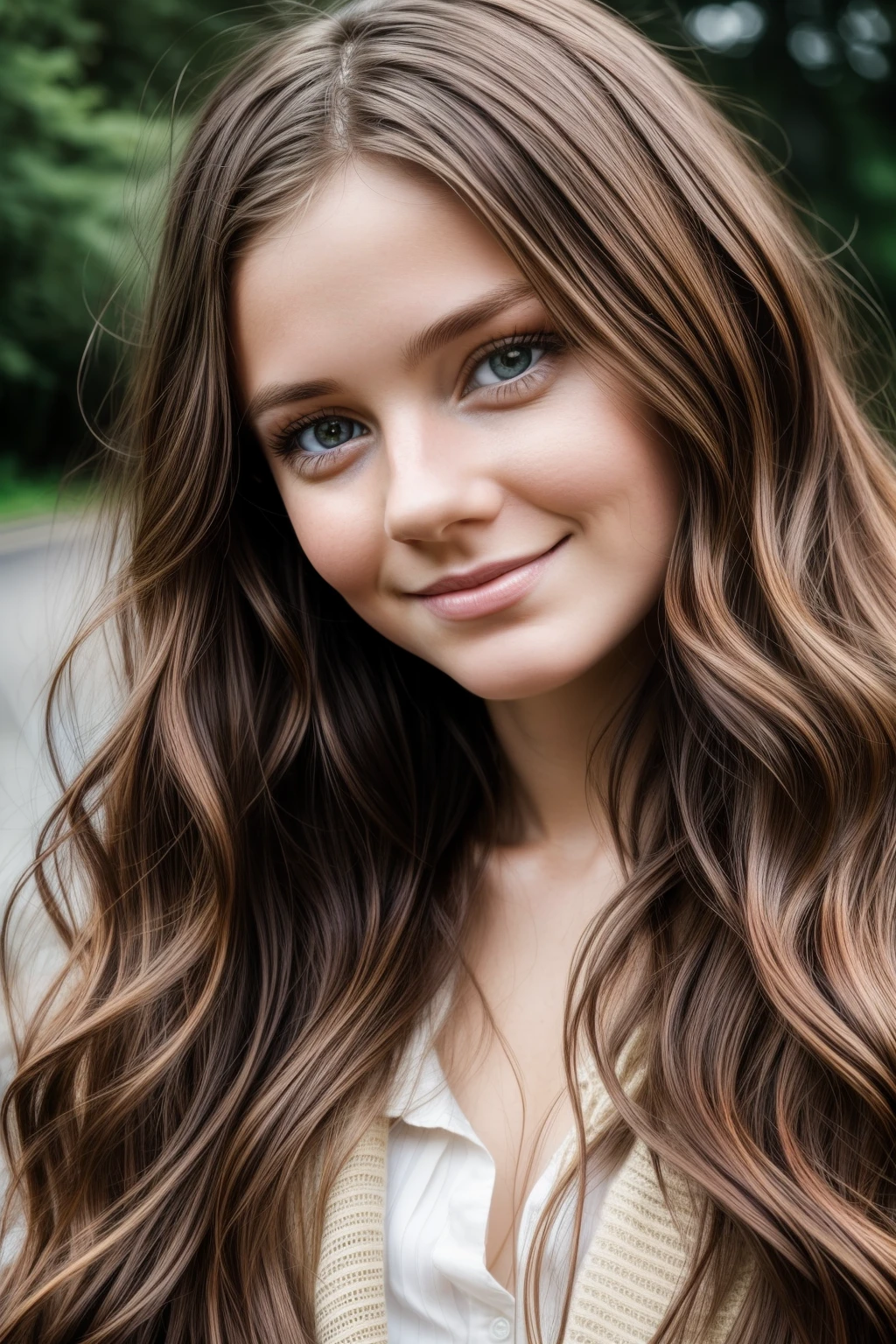 Photographic portrait of an Irish girl, curled flowing lightbrown hair, her face is thoughtful and smiley, looks into the camera, photography, symmetrical face, symmetrical eyes, soft focus, highly detailed, natural lighting, path tracing, specular lighting, path traced hair, shadow mapping, glossiness map.