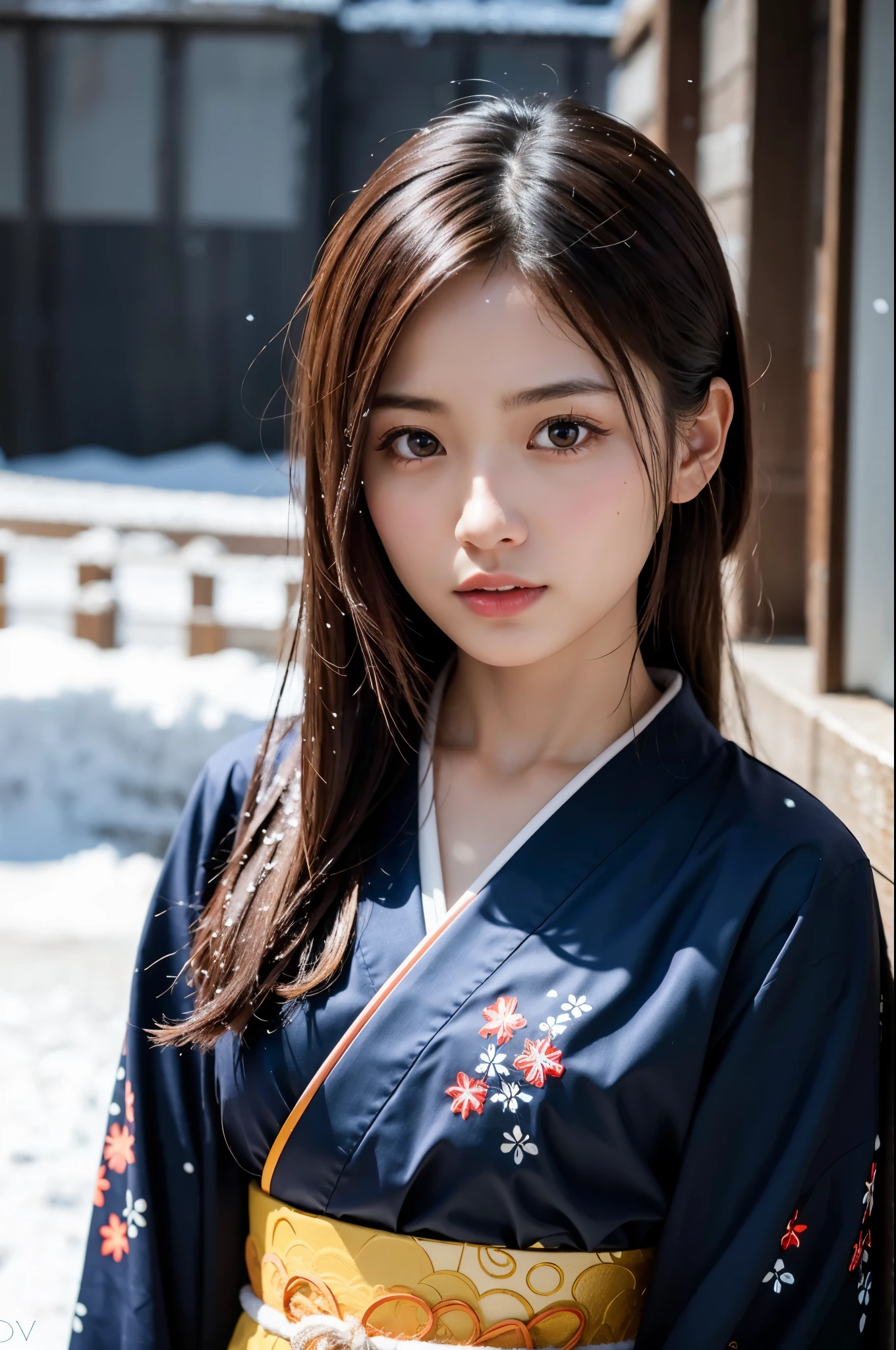 Hot Spring Village in Japan, snowy landscape, 
(falling snow:1.3), A beautiful Japanese girl in a brilliant Kimono, solo, masterpiece, Best Quality, 8K, 32K, (UHD:1.2), (Photorealistic:1.4), full figure, entire body in frame, Japanese Idol, Extremely cute, elegant, voluptuous, parted lips, cinematic composition, professional warm lighting and shading, extremely detailed eyes and face, eyes with beautiful details, insanely detailed realistic skin texture, (correct body balance, accurate hands, accurate eyes)