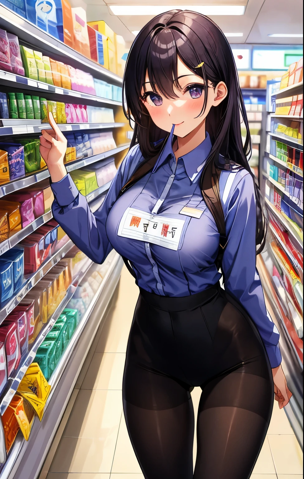 //1girl character,Cheerful checkout salesman , Perfect body, medium large breast, Sleek curves, ultra-detailed face, It's so beautiful., innocent, Cute Girl, thin eyebrows, Round face, Smile full of mischief, Mouth half open, Face Kiss,Beautiful girl&#39;s hair, Fashionable uniforms of convenience stores, Light purple striped collared shirt with the store&#39;s signature. , No pants., Name tag: Dark colored full-length tights., ultra-detail, complicated pattern on the tights break at the convenience store , midday , Gentle light, Stop registering products at the cash register