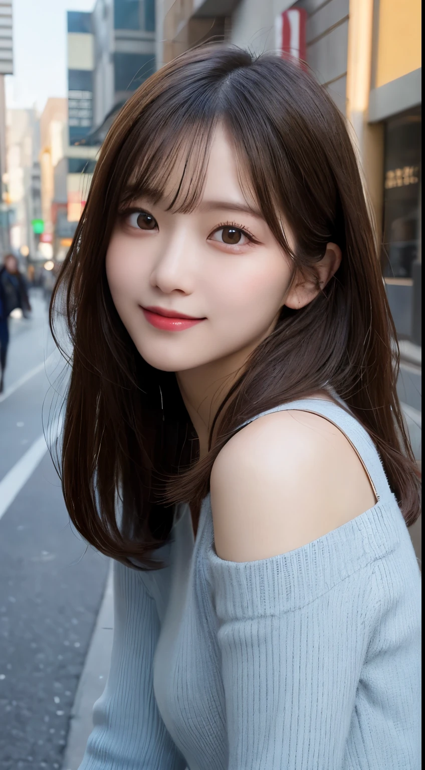 masutepiece, Best Quality, Illustration, Ultra-detailed, finely detail, hight resolution, 8K Wallpaper, Perfect dynamic composition, Beautiful detailed eyes, Winter dress,Medium Hair, Small breasts, Natural Color Lip,Smile,Big city、20 years girl、Midnight、beautifull detailed face、Perfect and beautiful face、slim face and style,Spread your arms wide,Big eyes,Take a photo from below the knees at a face angle,Blur the background