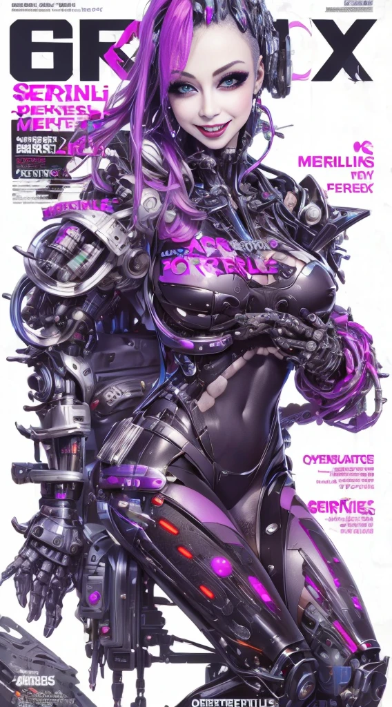 Magazine cover of smiling sexy beautiful Cyberpunk girl, porno magazine, text, (cybernetic implants), NSFW