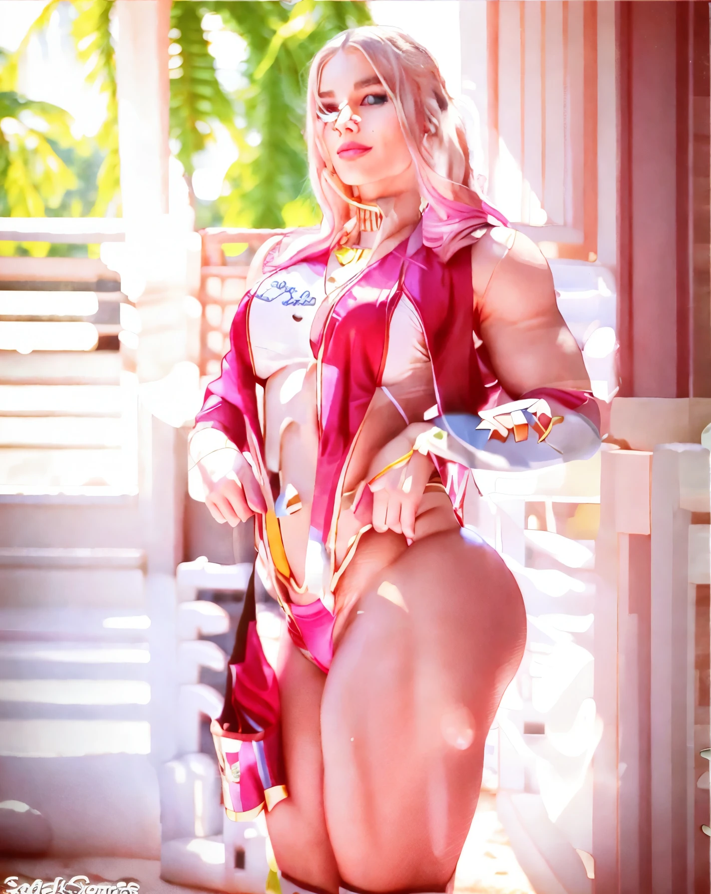 Margot Robbie in a pink bikini posing for a photo, feminino e musculoso, Corpo cor-de-rosa, IFBB Corpo Fitness,  musculosa, Violeta Myers, musculoso, fisiculturismo mulher, modelo fitness, corpo inteiro!!!, body is strong and upright, very symmetrical body,
