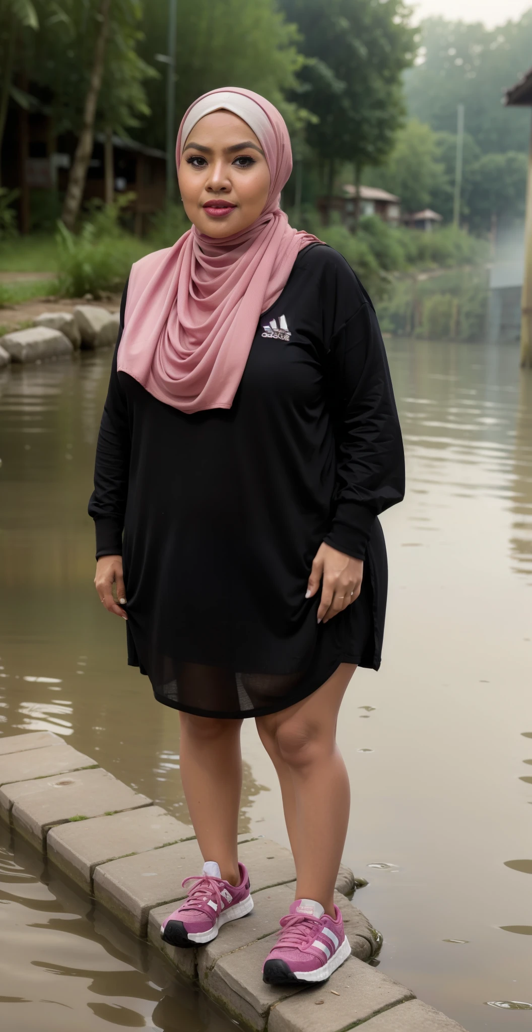 ((HIJAB MALAY GIRL)), ((BBW)), SHORTS, HUGE WIDE BUTT, WIDE BUTT, 63 YEAR OLD METURE women's, METURE women's, (ROSE LIPS), (ADIDAS SNEAKERS), (TIGH SKIRT), walking in style on a Village river, (ANGRY FACE EXPRESSION), TRANSPARENT, STAYING, THICK FOG. FOGGING, TRANSPARENT.