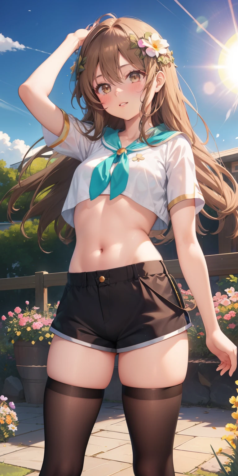 masterpiece, best quality, realistic, adult girl, smile, Aqua Konosuba, long brown hair, brown eyes, bright eyes, short shirt, perfect belly, ripped short shorts, tight tights, perfect legs, parted lips, blush, night, flowers, sun, sunlight.