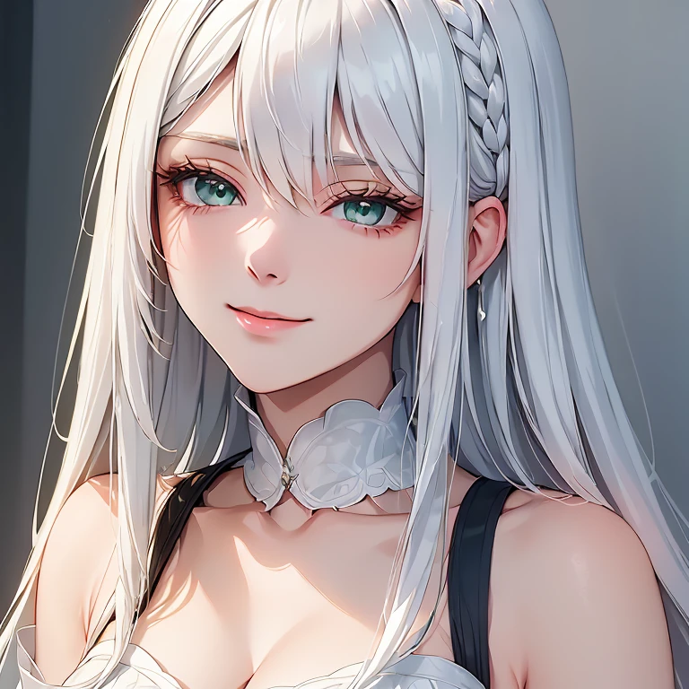 (girl, white hair, long hair, green eyes, sharp gaze, upper body, modern dress, smiling face, single woman, mature woman, suit, modern attire, western attire, office look), (best quality,4k,8k,highres,masterpiece:1.2), ultra-detailed, realistic:1.37, HDR, studio lighting, professional, vivid colors, portraits, contemporary, soft color tones, gentle and warm lighting.