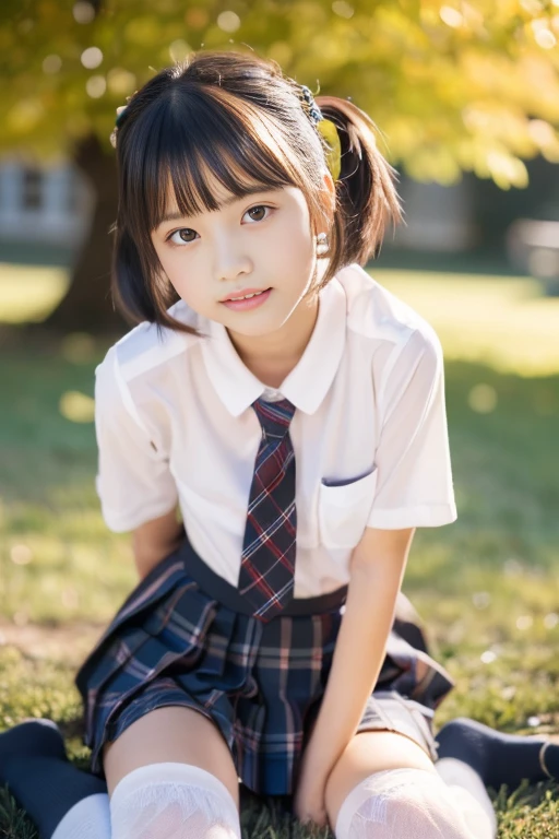 (((​masterpiece))), (((Full body photo)))， (One beautiful Japan girl, Innocence，kawaii) ，超A high resolution, Realistic, ultra-detailliert, 8K,top-quality, Extremely detailed, Detailed background,A slender,very beautiful japanese girl, Detailed face:1.3), (short-haired,I tie my hair short and put it up..，Cute Hair Ornament，A dark-haired :1.4), (a ，kawaii系,adorable 10 year oPerfect body:1.1),  (White shirt，Red plaid mini skirt、Dark blue high socks、lowfers), Provocative smile,Show your beautiful teeth,((Focus on the crotch，I can see the panties)),sexy  pose，rosy cheeks，Sitting on the lawn,Super Detailed Face、Detailed lips、A detailed eye、small gravure idol，Transparent skin、Lolita，japanese hight school uniform，Photorealistic:1.37，no-makeup,Gentle autumn scenery