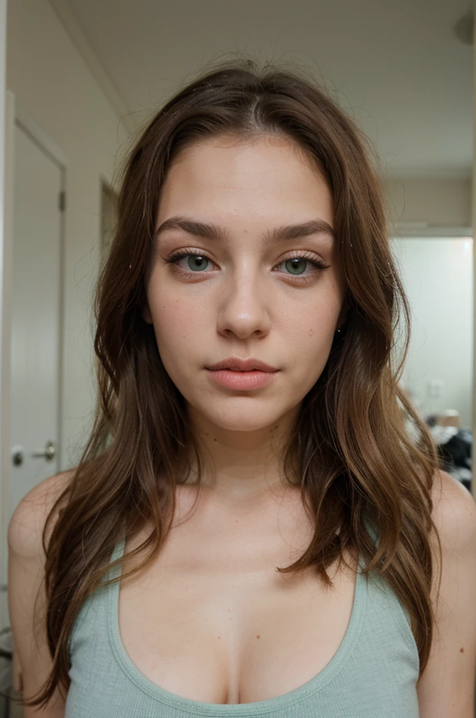 The selfie of a 21 year old European girl with long voluminous blonde hair, slim nose big plump lips, perfect blue-green eyes, long lashes, natural Makeup and with a tank top