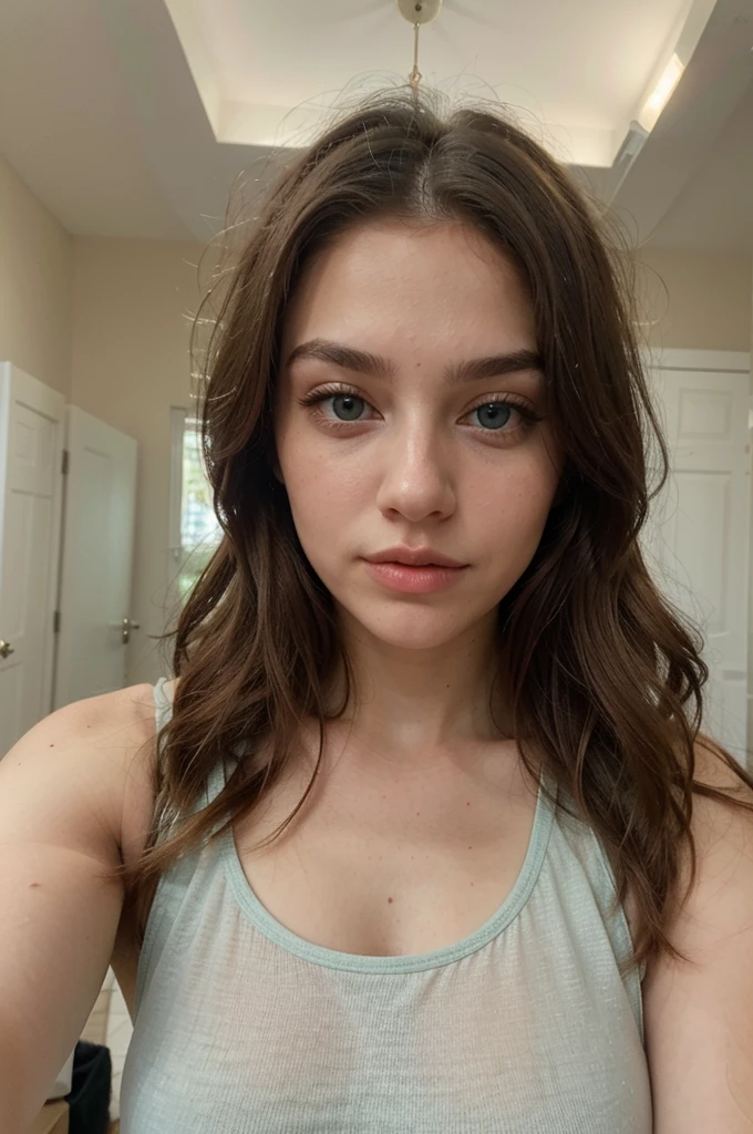 The selfie of a 21 year old European girl with long voluminous blonde hair, slim nose big plump lips, perfect blue-green eyes, long lashes, natural Makeup and with a tank top