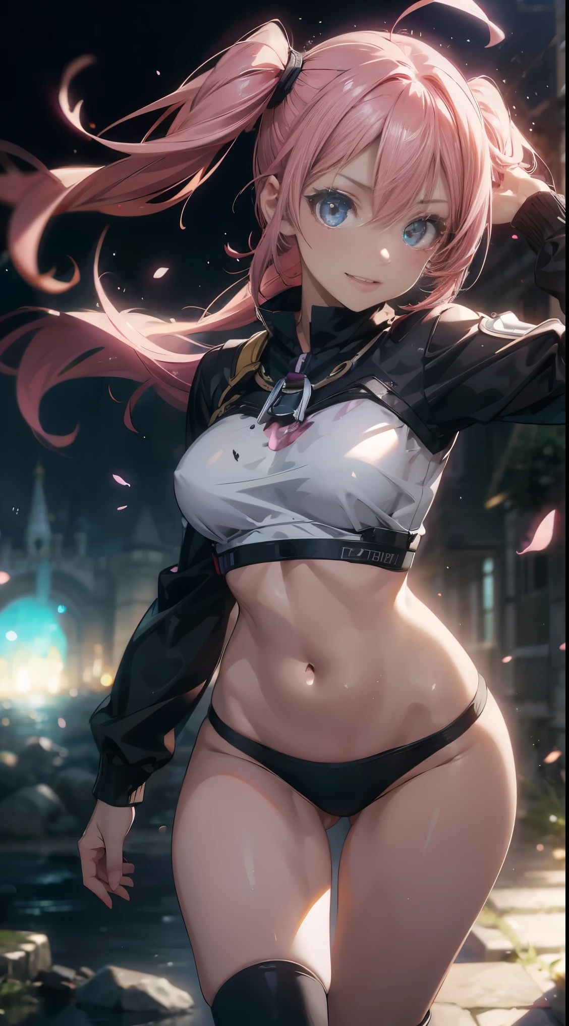((female)), (very messy hair), (sorriso feliz), Presas, ((abdominais rasgados)), Toned arms and legs, medium breasts, Suor excessiva, (((no castelo))), olhos azuis brilhantes, bare-legged, (((sentada na cadeira com as pernas cruzadas))), ((usando apenas um fio dental)), twintails, pink hair, shiny hair, eye reflection, glowing eyes, anime, anime style, cinematic lighting, motion blur, sparkle, jpeg artifacts, glowing light, god rays, ray tracing, reflection light, backlighting, drop shadow, panorama, Sony FE, UHD, masterpiece, ccurate, anatomically correct, best quality, super detail, highres, HD, 16k