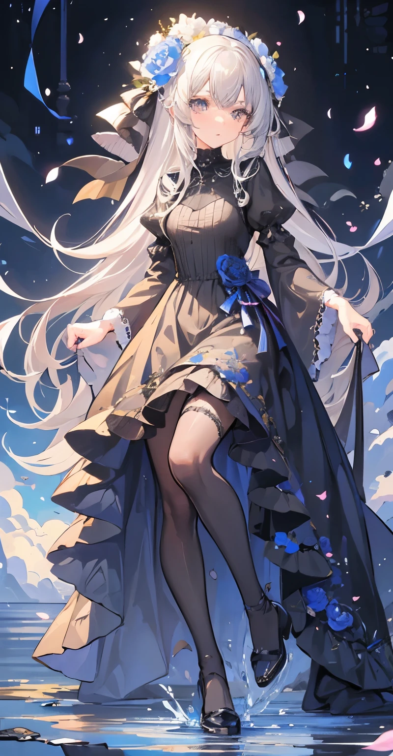 (masutepiece), (Best Quality), Highly detailed, One girl, full body photographed，Perfect face, Beautiful face, extra detailed face，(Long gray hair:1.3)，Mare，butterflys々，flower petals，optic，waterface，a moon