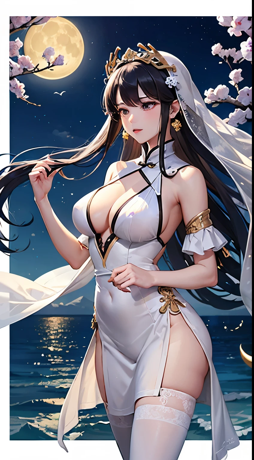 The pure white girl is icy and jade-free. Her hibiscus-long hair is waist-length. She is wearing silk and elegant white stockings with metal ornaments.(White and translucent meat) Scene setting The bright moon rises over the sea,Tianya Gong is now wearing a garland on her head, and the dreamy wind is blowing her clothes。