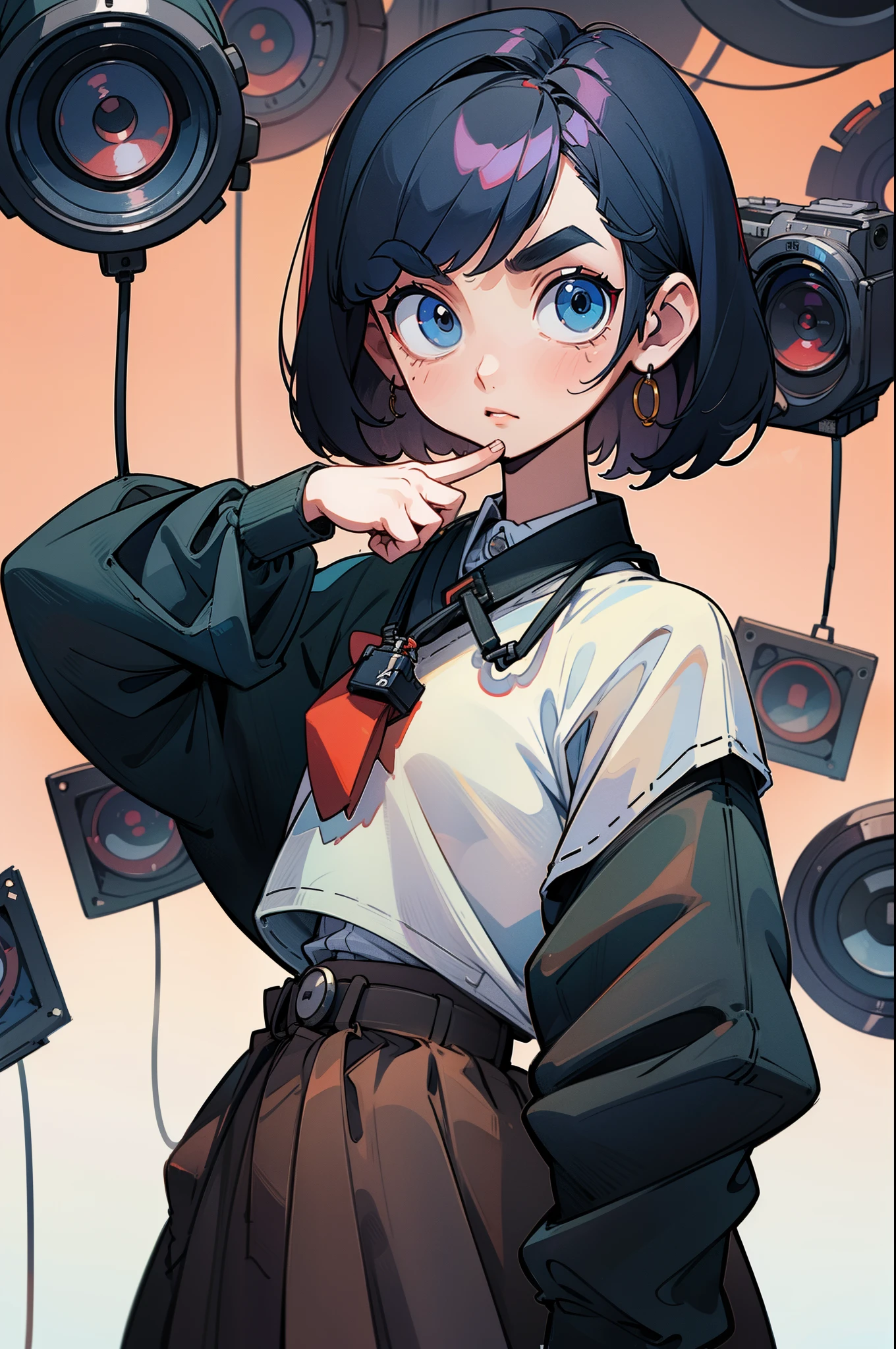 Short Bob's20Teenage woman standing facing the front、Hair color is black、Baggy white shirt and skirt、Holding the camera、Hanging a camera around his neck、Lots of cameras scattered in the background、Upper body only、Saggy eyebrows