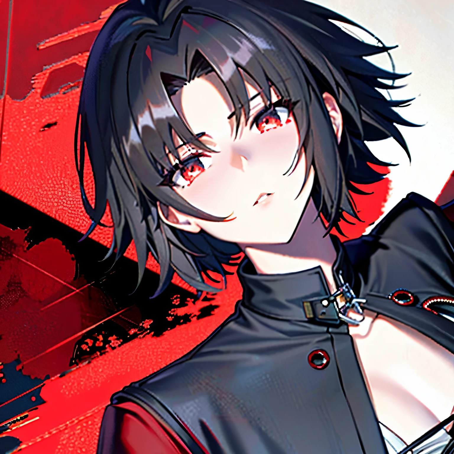 fate drawing, ryoshiki, center division, waist shot, best detailed girl, close up, battleing, blood, Perfect female body, woman, 20 years old, very short hair, messy hair, detailed black hair, handsome, Hematic red eyes, extremely detailed, red jacket, black sweater, wallpaper 8k CG, wallpaper,