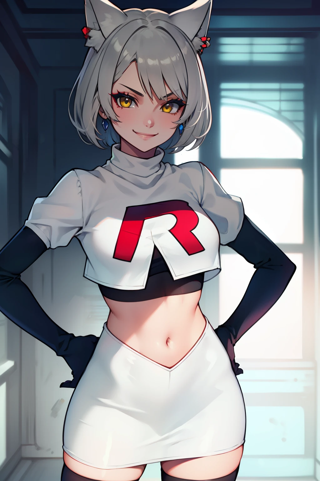 mio \(xenoblade\), 1girl, animal ears, yellow eyes ,grey hair, braid ,glossy lips, light makeup, eye shadow, earrings ,team rocket,team rocket uniform, red letter R, white skirt,white crop top,black thigh-high boots, black elbow gloves,evil smile, hands on hips