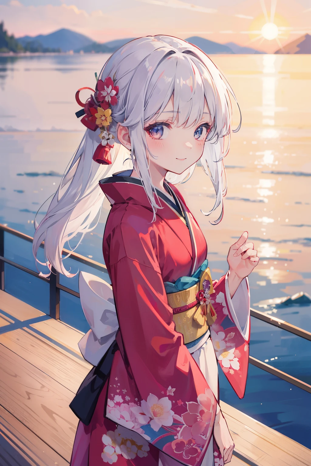 Anime girl in kimono outfit standing on a pier by the water - SeaArt AI