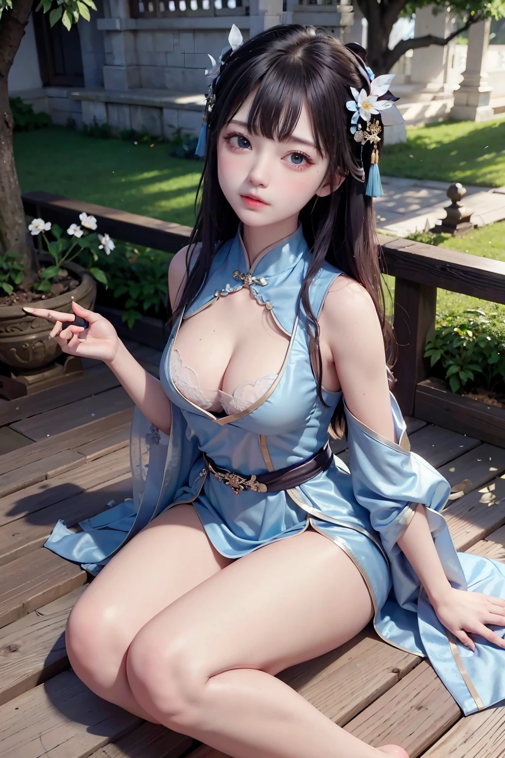 a princess 10 yeald old cute Hanfu dynasty open V-chested clothes royal, Wet body of thin silk fabric, Thin silk lace dress, (huge boobs,cleavage),, white pink ,best qualtiy,tmasterpiece,超高分辨率,(真实感:1.4),RAW photogr,(True skin texture:1.3),(filmgrain:1.3),(Selfie angle),1个Giant Breast Girl,Beautiful eye and face details,tmasterpiece,Best quality at best,,The chest more exposed, detailed hair,above looking down facing at camera,short dressPrincess Eyes,Super big eyes,Detailed face,shiny pupils, (a garden,moon palace,)