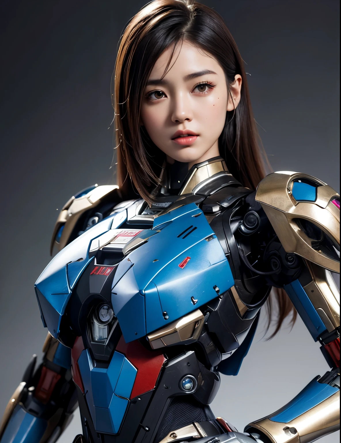 Textured skin, Super Detail, high details, High quality, Best Quality, hight resolution, 1080p, hard disk, Beautiful,(Superheroine),beautiful cyborg woman,Mecha Cyborg Girl,Battle Mode,Girl with a Mecha Body,She wears a futuristic Iron Patriot mech,Fulll body Shot