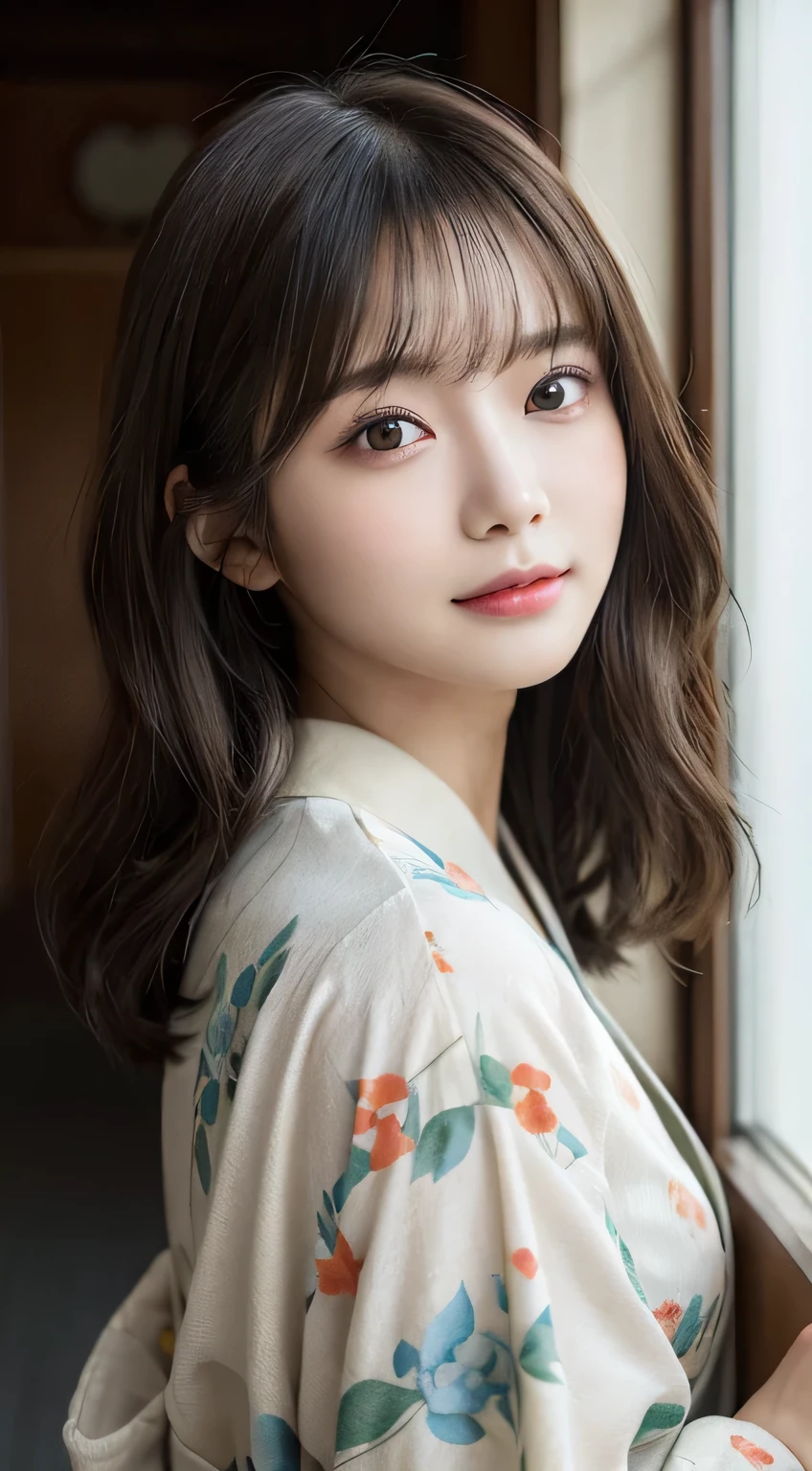 (Kimono）、((33yo))、inside in room、(top-quality,​masterpiece:1.3,超A high resolution,),(ultra-detailliert,Caustics),(Photorealsitic:1.4,RAW shooting,)Ultra-realistic capture,A highly detailed,high-definition16Kfor human skin、 Skin texture is natural、The skin looks healthy with an even tone、 Use natural light and color、(One Woman)、japanes,,kawaii,A dark-haired,Middle hair,(depth of fields、chromatic abberation、Wide range of lighting、Natural Shading)