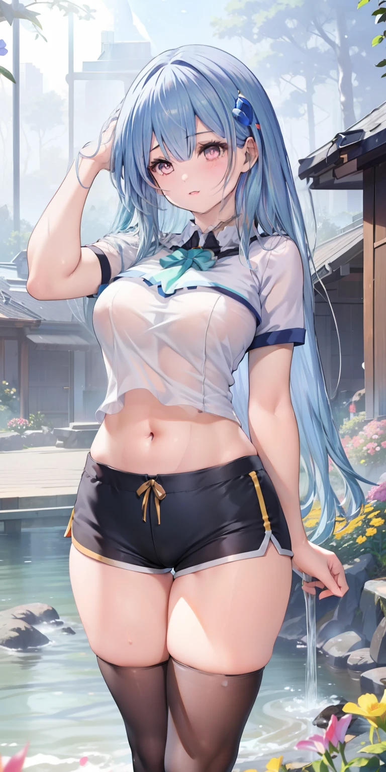 masterpiece, best quality, realistic, adult girl, smile, Aqua Konosuba, long brown hair, brown eyes, bright eyes, short shirt, perfect belly, ripped short shorts, tight tights, perfect legs, parted lips, blush, night, flowers, sun, sunlight.