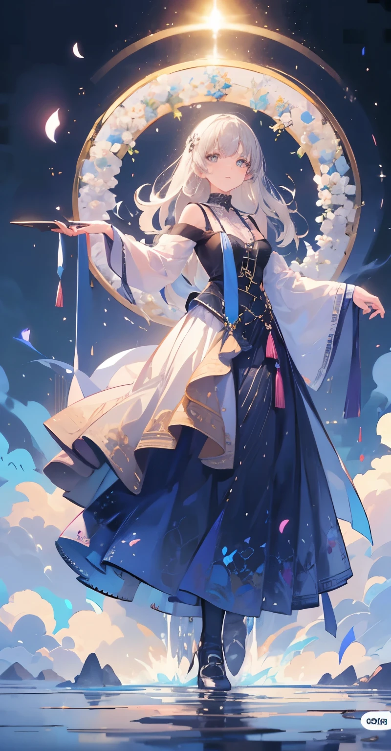 (masutepiece), (Best Quality), Highly detailed, One girl, full body photographed,Perfect face, Beautiful face, extra detailed face,(Long gray hair:1.3),Mare,butterflys々,flower petals,optic,waterface,a moon,splash water