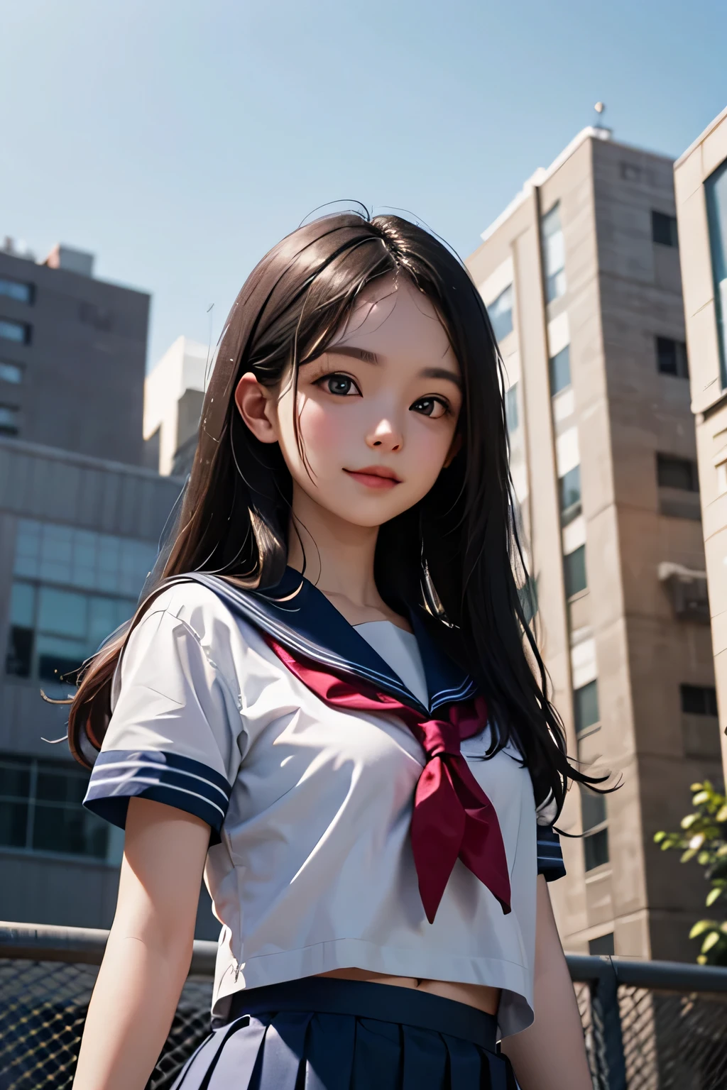 Very cute and beautiful girl,(very detailed beautiful face and eyes:1.2),
(Smile:1.2),Black hair,Sailor School Uniform,Pleated mini skirt in navy blue,From below,White panties,
Summer,School rooftop,building,chain-link fence,
(Best Quality,masutepiece:1.2),Intricate details,Extremely detailed,hight resolution,Solo,Cinematic lighting,